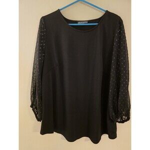 Adrianna‎ Papell Size 1X Black Top Silver Metallic Clip Dot Puff Sleeve Blouse